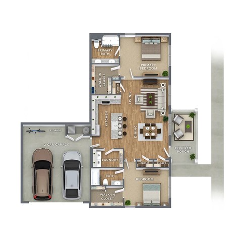 A floor plan of a house with two bedrooms, a living room, a dining room, a kitchen, a laundry room, a walk-in closet, a primary bath, and a covered porch.